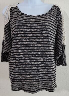 Teenbell Brown Black Striped Cold Shoulder Crochet Top Large Bat Wing Sleeves